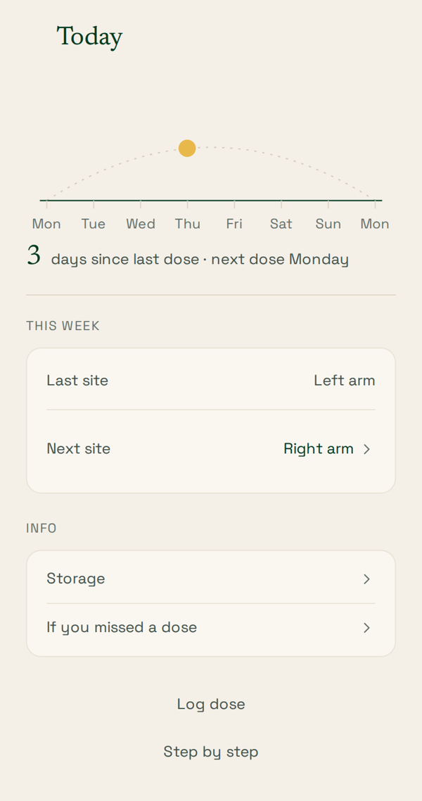 BeSummer Today screen: 3 days since last dose, next dose Monday
